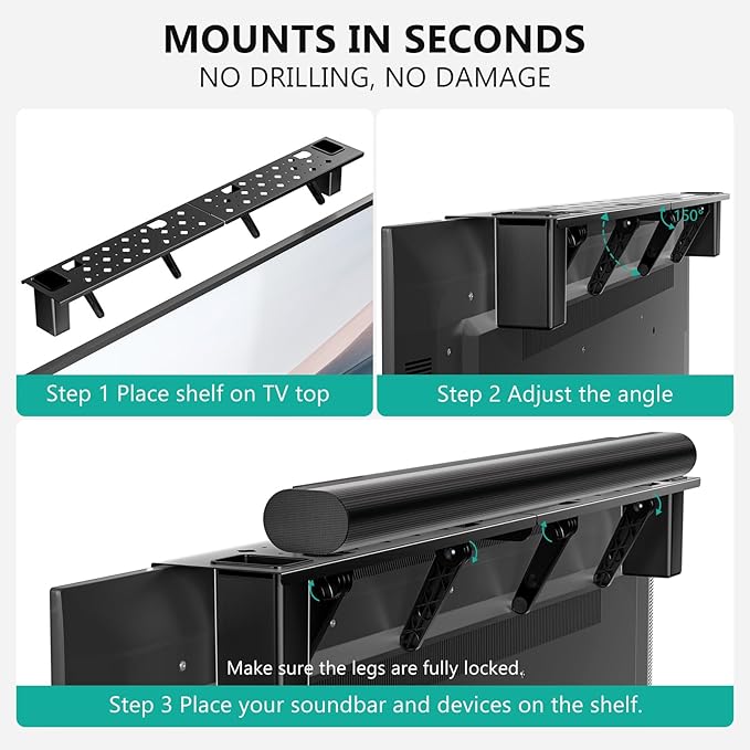 WALI Soundbar Mount, No Drilling TV Top Shelf with 2 Storage Boxes, Floating Monitor Shelves for Router, Cable Box, Game Console Storage, TV Remote Holder, Up to 5.5Lbs, 34.65"x4.3" (TSH004-2B), Black
