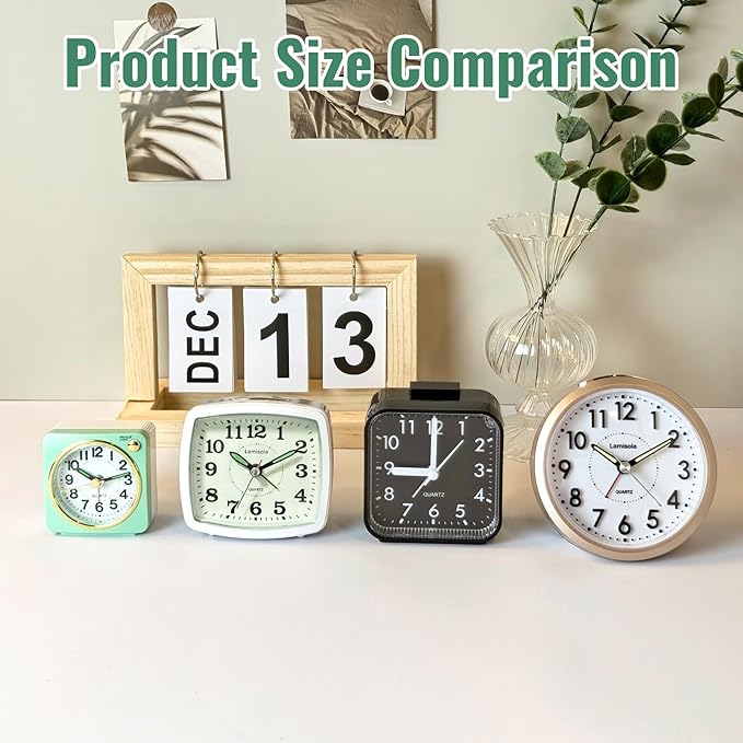 Lamisola Small Battery Travel Alarm Clock, Analog Clocks for Bedrooms, Bedside Nightstand Desk Tabletop Bookshelf Clock for Bathroom Office, Maximalist Decor for Home, Silver
