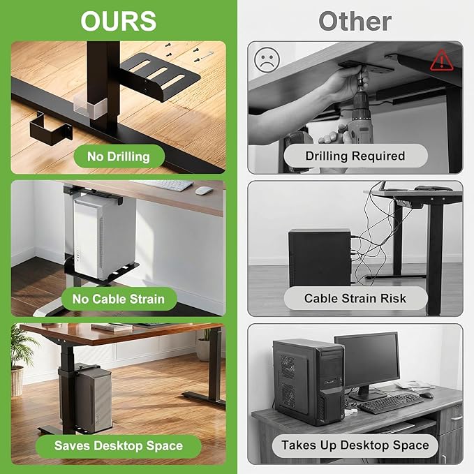 Clamp-On Under Desk PC Mount, No Drilling Adjustable Desk Leg Computer Mount Width Adjustable from 5.7" to 9.8", Holds Up to 40 lbs Heavy Duty PC Tower Stand for Under Desk, Fits 80mm×50mm Legs