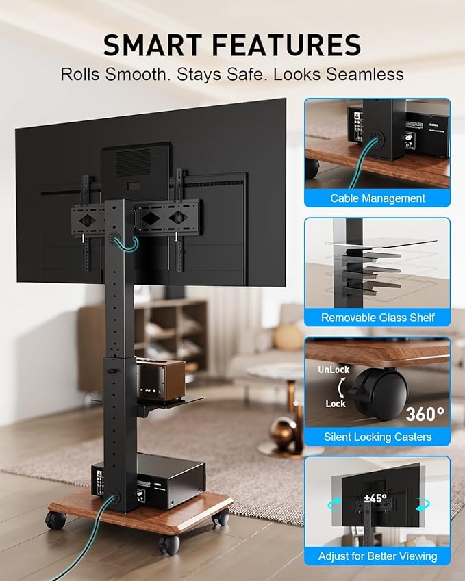 Heavy Duty 32 to 75 Inch Mobile Rolling TV Floor Stand Holds up to 132 lbs, TV Cart with Glass Shelf, Height Adjustable Portable TV Stand with Locking Wheels, Max VESA 600x400mm, Black