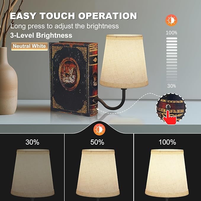 Vintage Bookshelf Lamp Rechargeable, Cordless Book Lamp with Linen Shade, Dimmable Touch Control Table Lamp, Modern Decorative Bookend, Bookshelf Lights for Office Home, Library, Study