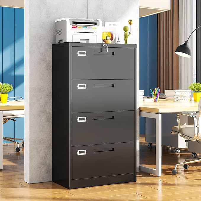 Metal Lateral 4 Drawer File Cabinet with Lock, Wide Filing Cabinet for Home Office Organization Hanging Files Letter/Legal/F4/A4 Size (Black, Assembly Required)