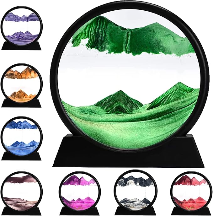 rysnwsu 3D Dynamic Sand Art Liquid Motion, Moving Sand Art Picture Round Glass 3D Deep Sea Sandscape in Motion Display Flowing Sand Painting Relaxing Desk Toys (Green, 12'')