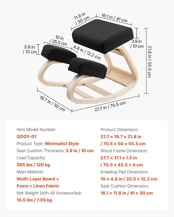 VEVOR Ergonomic Kneeling Chair, Wooden Posture Knee Chair with Thick Foam Cushions and Solid Wood Frame, Adjustable Height, Natural Relief for Neck or Back Pain, Ideal for Home, Office or Meditation