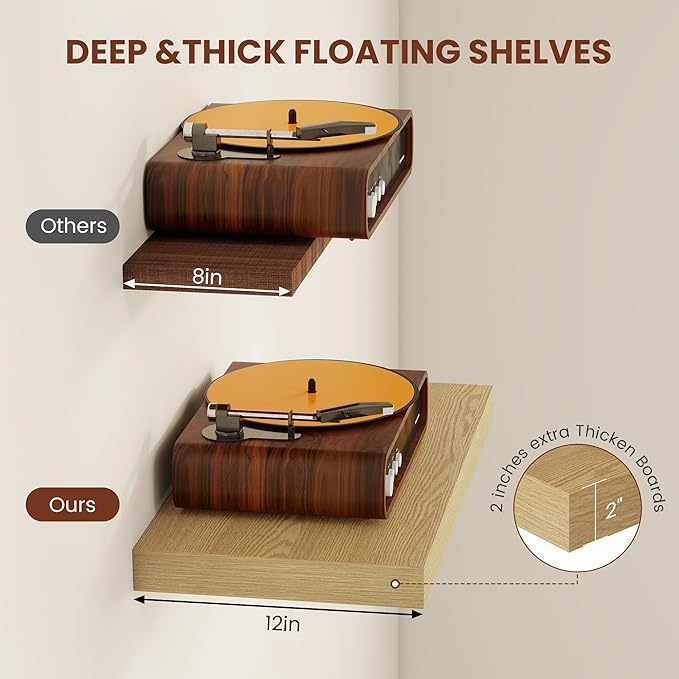 Vivelove 12 Inch Deep Floating Shelves 24 inch Long, 24 x 12 Wide Display Shelves with Invisible Brackets, Shelf for Bedroom Bathroom Living Room Office Home, Modern Shelf Set of 2, Oak