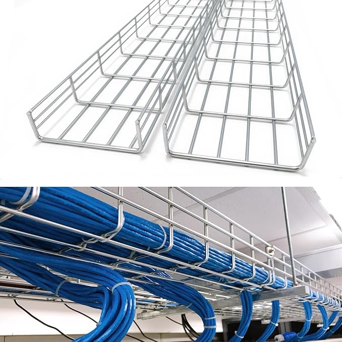 Wire Mesh Cable Tray, 60" x 8" x 4" | Zinc Plated Steel Cable Management Rack, Adjustable Cable Basket for Network, AV, Fiber Optic, Garage & Office Use(2Pcs)