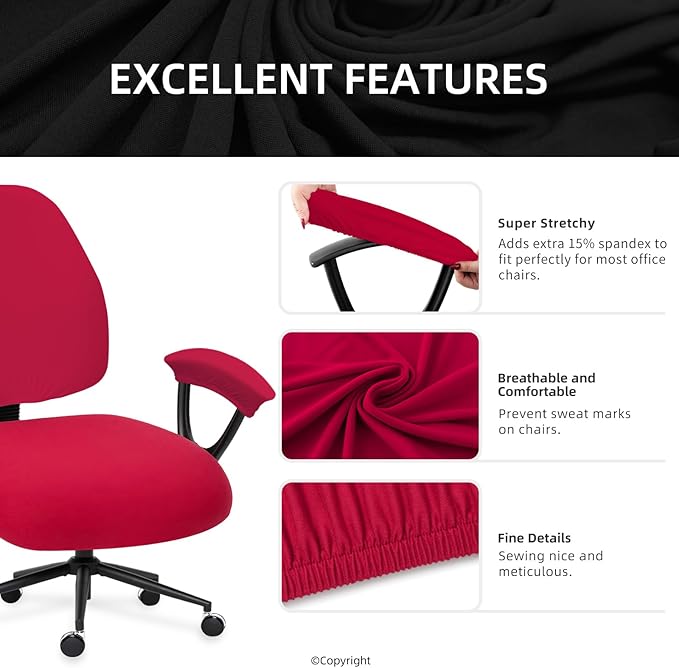 Stretchable Office Chair Seat Covers - Universal Stretch Computer Chair Slipcover - 180GSM Washable Rotating Backrest Coverings & Cushion Protectors & Armrest Covers for Dogs, Cats, Pets, Red