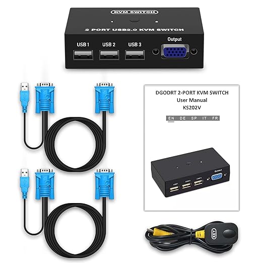 USB VGA KVM Switch for 2 PC Sharing 1 Video Monitor and 3 USB Devices, Keyboard Mouse Scanner Printer, for Laptop PC Windows Mac OS System