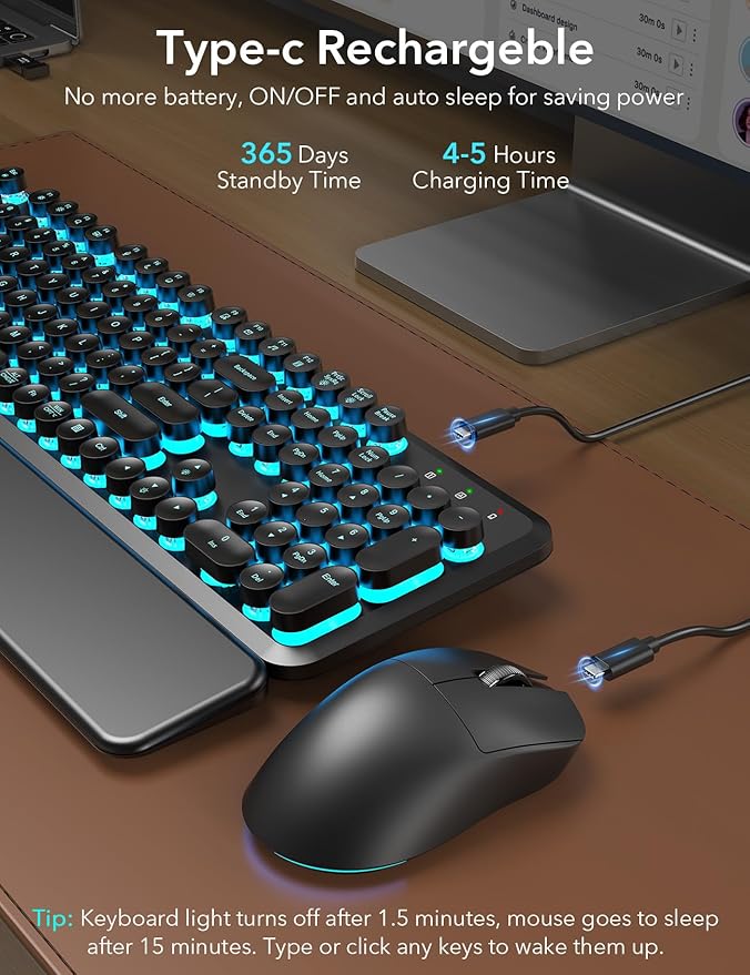 Wireless Keyboard and Mouse Backlit - Typewriter Keyboard with Magnetic Wrist Rest, Retro Round Keycaps, Light Up Letters, 2.4GHz Cordless Combo for Mac, Windows, PC, Laptop, Trueque CK24 [Upgraded]