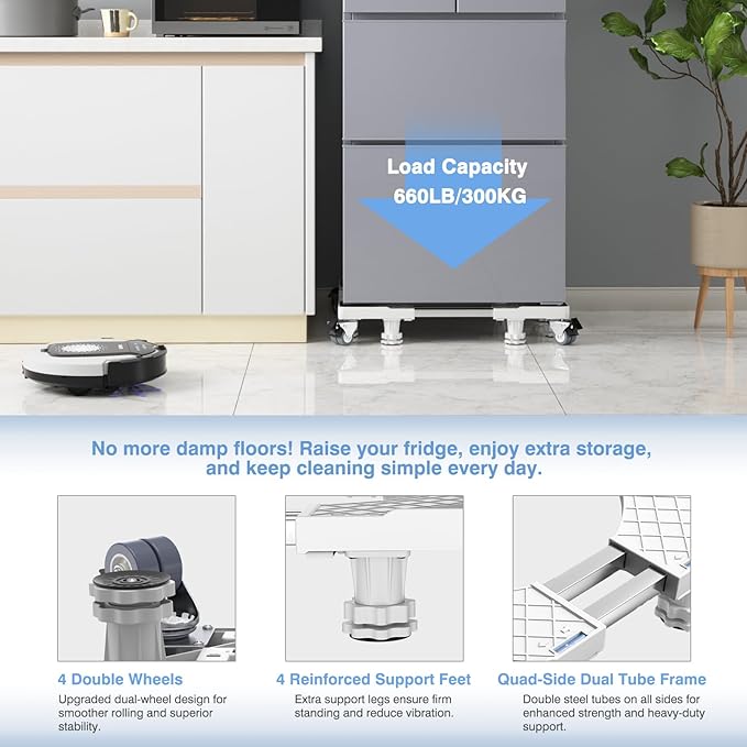 Mini Fridge Stand With 4 Locking Swivel Wheels & 4 Strong Feet Double Fixed Rods Heavy-Duty Washing Machine Stand Adjustable Appliance Dolly Mover Mobile Base Laundry Pedestal For Washer, Dryer, White