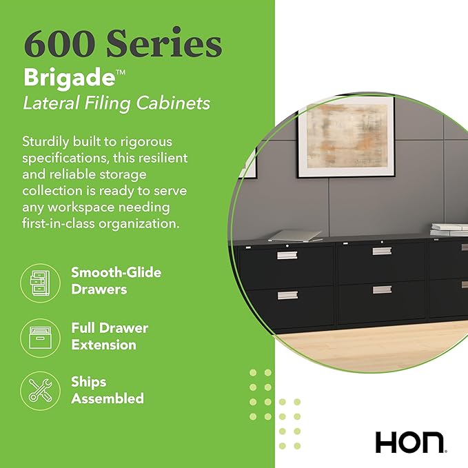 HON 2 Drawer Lateral File Cabinet with Lock, Metal Filing Cabinets for Offices, Hanging Files, and Under Desk, 18" Deep, Black