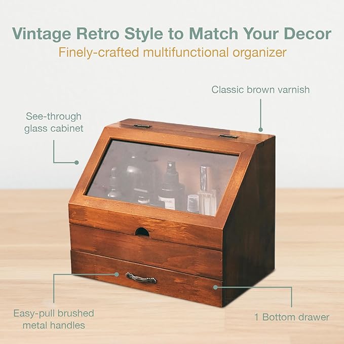 Vintage Tabletop Organizer with Glass Top Compartment -2-Tier Display Cabinet for Desk - Wooden Desktop Storage Box with Drawer and See-through Cabinet - Mahogany Brown Organizing Unit