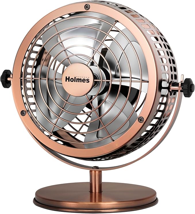 HOLMES 6" Heritage Table Fan, 2 Speeds, 4 Blades, Adjustable 145° Head Tilt, Metal Construction, Ideal for Home, Bedrooms, Dorm Rooms or Office, Brushed Copper
