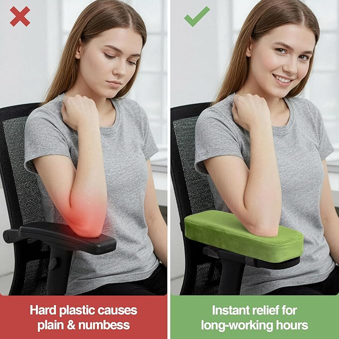 Smiry Ergonomic Office Chair Armrest Pads, Memory Foam Arm Rest Covers, Non-Slip Armrest Cushion with Adjustable Buckles and Straps, Elbow Relief for Desk, Gaming & Wheelchair (Green, Set of 2)