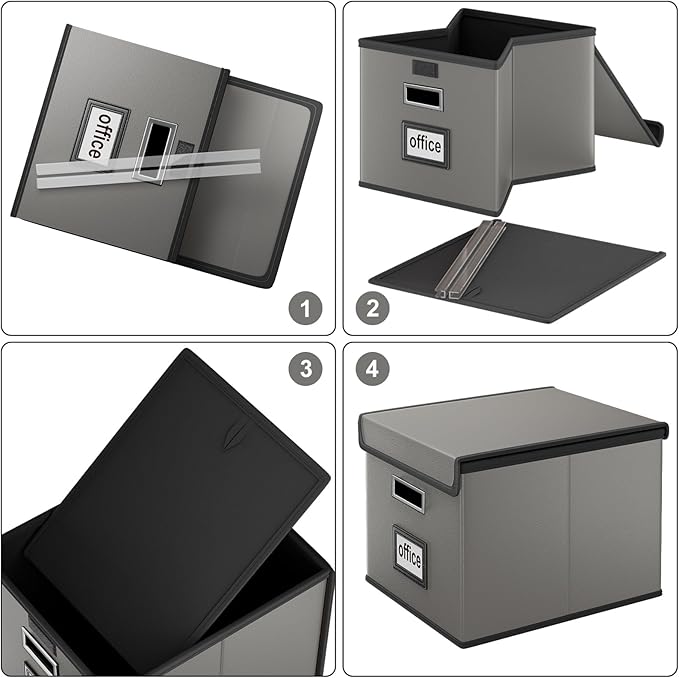 Faux Leather File Organizer Box with Lid, Collapsible Hanging File Folder Box Organizer with Plastic Slides, Decorative Home/Office Filing System Boxes for File and Folders Storage