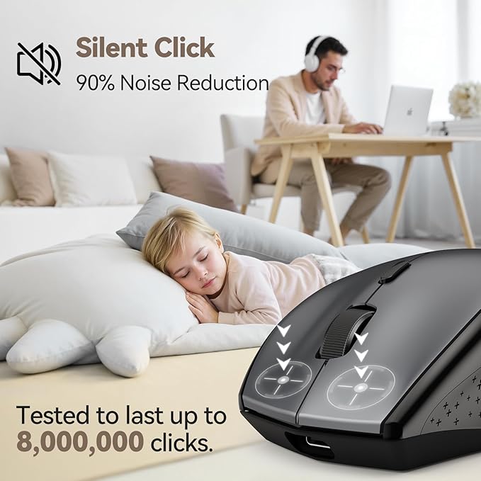 TECKNET Rechargeable Mouse with Jiggler, Plug & Play, 2.4G Connection with USB-C Adapter, Silent Mouse Quiet Click, 6400 DPI Ergonomic Mouse, Cordless Computer Mice for Laptop, Desktop, PC
