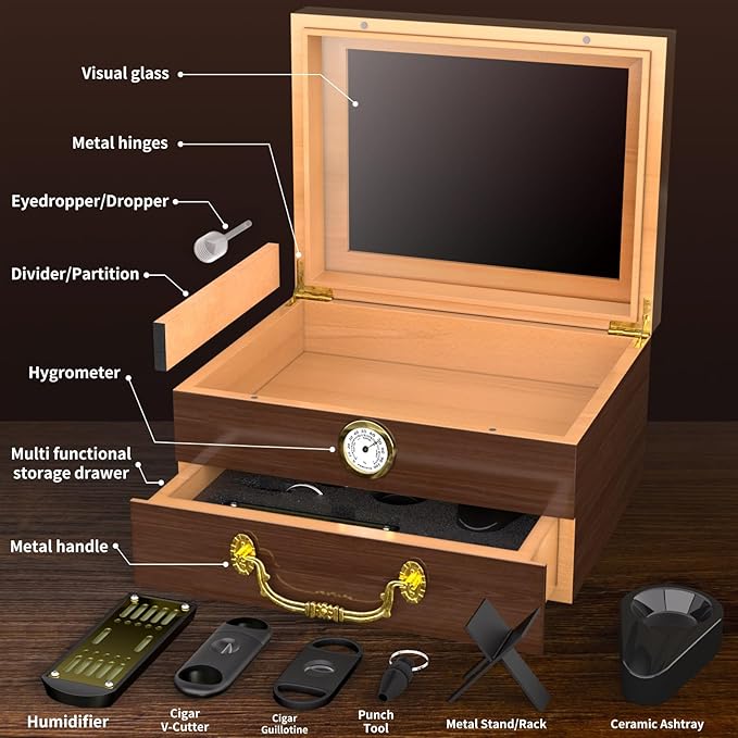 Spanish Cedar Cigar Humidor Box with Accessories and Humidifier - Glass Cover and Storage Drawer - Desktop Cigar Holder for Men - Portable Travel Case - Small Table Top Humidors for 20-50 Cigars