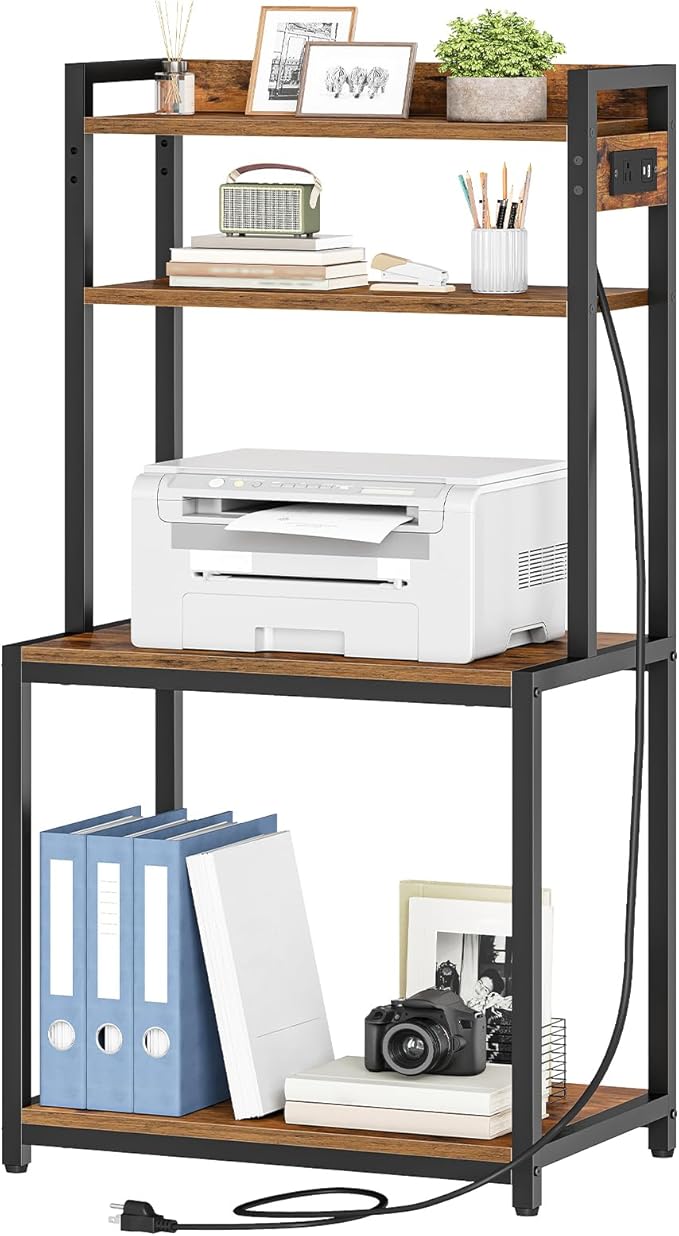 HOOBRO Printer Stand with Charging Station, 4-Tier Printer Table with Storage, Large Tall Printer Shelf, for Home Office, Kitchen, Living Room, Black and Rustic Brown BF13UPS01