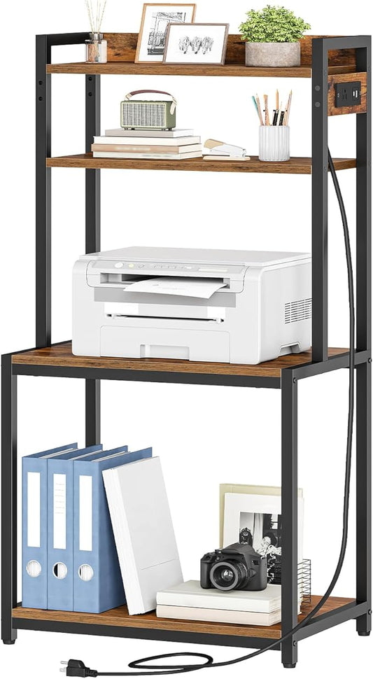 HOOBRO Printer Stand with Charging Station, 4-Tier Printer Table with Storage, Large Tall Printer Shelf, for Home Office, Kitchen, Living Room, Black and Rustic Brown BF13UPS01