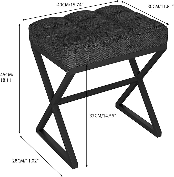 YMYNY Vanity Stool, Linen Footrest Stool, Ottoman Bench with X-Shaped Metal Legs, Makeup Dressing Stool for Vanity, Living Room, Bedroom, Entryway, Hallways 15.74" D×11.81" W×18.11" H Black UHBD033B