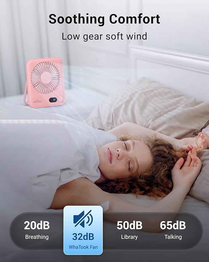WHATOOK Desk Fan 2 Pack: 100 Speeds Stepless Control 2000mAh Battery Operated Portable Fan, Rechargeable Table Fan for Cruise Ship Essentials, Gift for Couples, Dorm, Office, Bedroom(Pink and Purple)