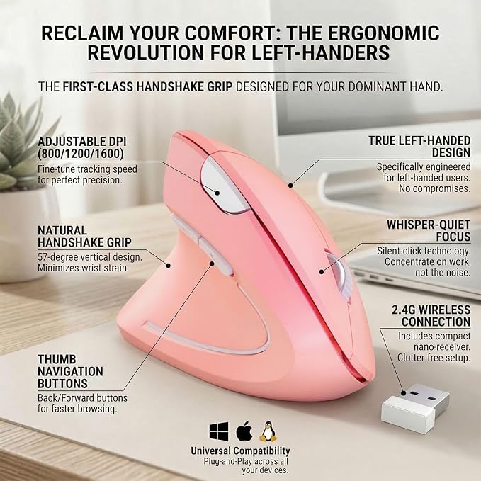 Left Handed Mouse,Left Handed Ergonomic Mouse, 2.4G USB Wireless Left Handed Vertical Mouse, Adjustable DPI(800/1200/1600),6 Buttons for PC,Mac,Laptop,Windows,Desktop – Pink