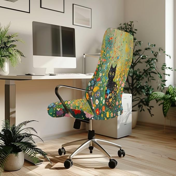 Talayituse Cat Butterfly Daisy Print Office Chair Covers, Stretch Computer Chair Cover, Universal Boss Chair Covers Modern Simplism Style High Back Chair Slipcover, Large