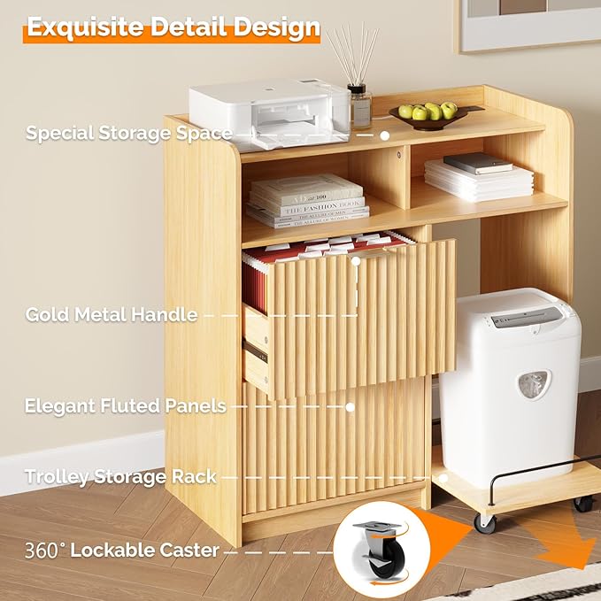 VINGLI Lateral 2 Drawer File Cabinet with Cart, Home Office Filing Organizer for Letter File Folder Storage, Fluted Design, Wood Filing Cabinet with Socket, Wide Printer Paper Shredder Stand (Oak)