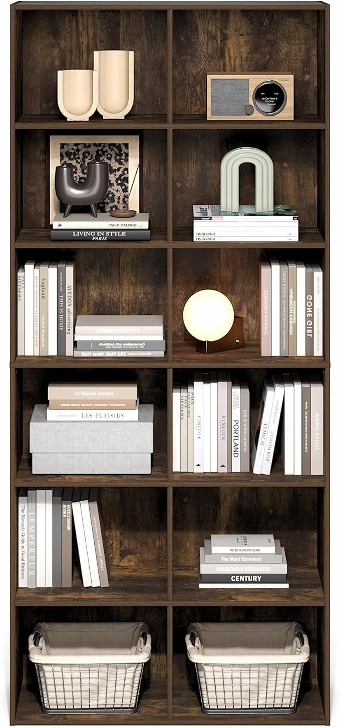Furinno Basic Book Shelf, 12-Cube Bookshelf, Bookcase with Open Shelf, Cube Storage Organizer, 12 x 32 x 71, for Living Room, Home Office, Amber Pine