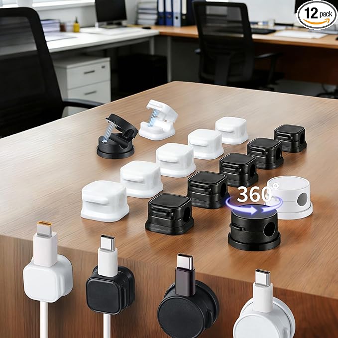 12 Pack Cable Clips (10 Pcs Square Cord Holder 2 Pcs Circular And Rotatable Cord Clips) Suitable For Office Desks Home Desks, Telephones, Vehicles, Walls, Tabletops And Bedside Tables，Black And White
