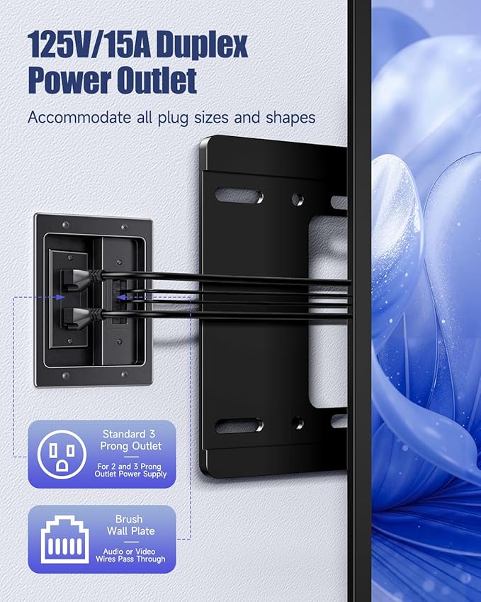 ZEXMTE in Wall Cable Management Kit, Wall Cable Concealer Kit for TV, Recessed Outlet for Low Voltage Cables, Cord Hider Fits All Plugs for Wall Mounted TV & Cable Pass Through, Black