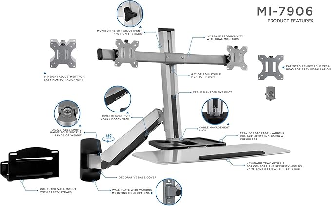 Mount-It! Dual Monitor Wall Mount Workstation with Keyboard Tray & CPU Holder, Sit-Stand Gas Spring Computer Station, Fits Two 27” Displays, 17.6 lbs Each, VESA 75x75 100x100