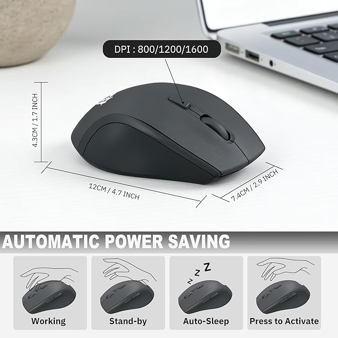 Ergonomic Wireless Keyboard and Mouse Combo, 2.4GHz USB Full Size Keyboard with Wrist Rest and 3 Level DPI Adjustable Wireless Mouse for PC and Laptop Use - Black
