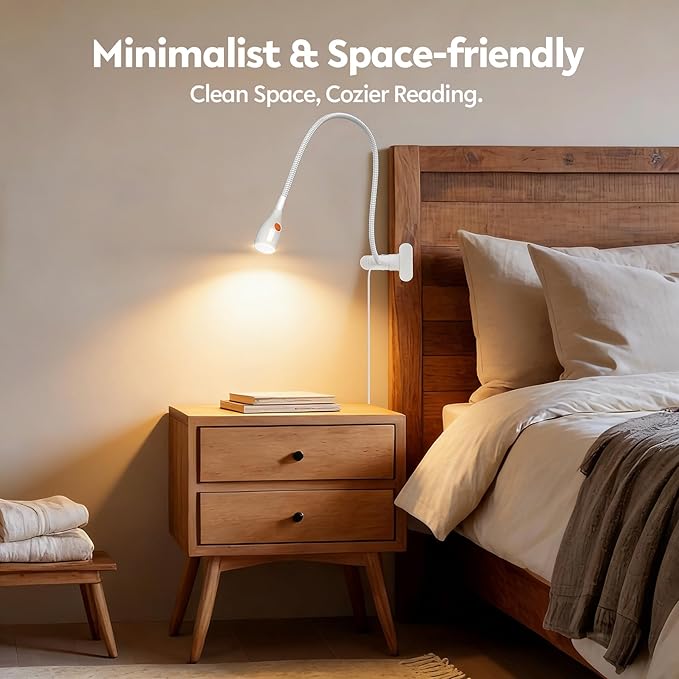 acegoo Minimalist Reading Light for Bed Headboard Dimmable White Book Light Clip on Lamp with USB-C Adapter, Flexible Neck & Handy Lamp Head Switch, CRI 90+