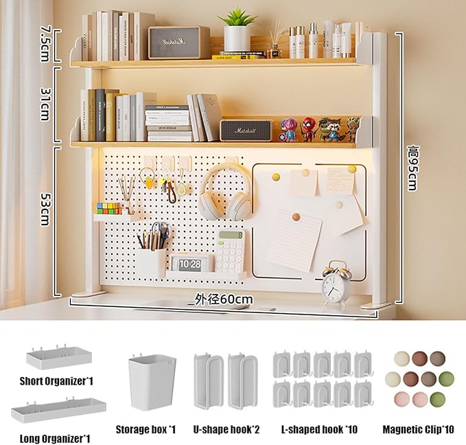 Clamp On Desk Organizer Shelf with Perforated Panels and Shelving Unit, Clamp-on Above or Under Desktop Storage Shelf for Office Home Dorm Desk
