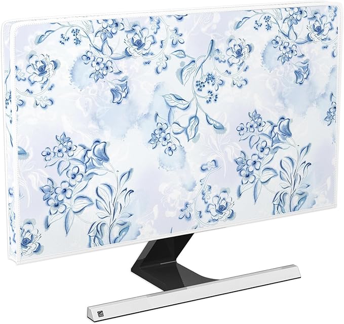 Blue Floral Waterproof Screen TV Cover 45,46,47,48 Inch Decorative Botanical TV Screen Covers Dust-Proof Protective for LED LCD OLED TVs During House Moving, Storing, or Home Renovation