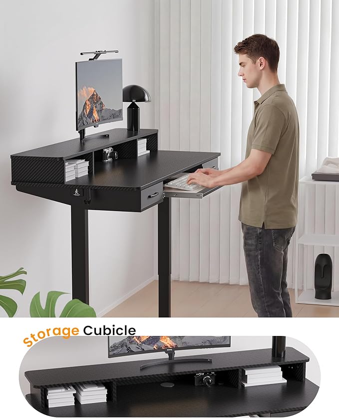Electric Standing Desk with Keyboard Tray, 55x24 Inches Height Adjustable Stand up Desk with 2 Drawers, Ergonomic Sit to Stand Table with Storage Monitor Stand, Black