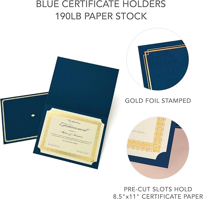 Gartner Studios Certificate Kit, Includes 6 8.5" x 11" Blue with Gold Detail Certificate Holders