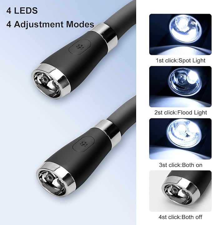 LED Neck Book Light USB Rechargeable, Hands Free, 4 Super Bright LED Bulbs, 3 Adjustable Brightness, Best for Reading in Bed, Knitting, Walking, Jogging, Mending in Night (Black)