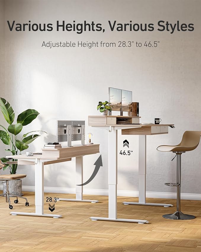 FEZIBO 55 x 30 inch Standing Desk with Drawers, Height Adjustable Electric Workstation, Computer Sit Stand Up Table with Large Storage Shelf 4 Drawers and 2 Hooks, Light Rustic Brown