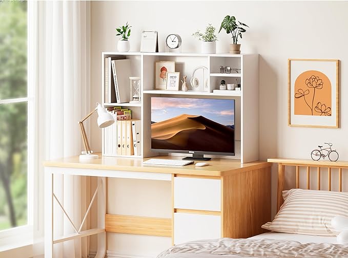 ZIFTY Desk Hutch with 6 Shelves, 37.4" Desktop Bookshelf Organizer for Monitor up to 27", Hutch Top for Computer Desk, Countertop Storage Shelf Wood Display Rack for Office Home Dorm, White