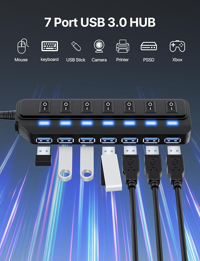 WIRWTRU USB Hub 7 Port,USB 3.0 Hub Splitter with Individual On/Off LED Switches, USB Hub for PC, 5Gbps HighSpeed Data for Laptop, Mac, PC, Desktop, PS5, Xbox and More