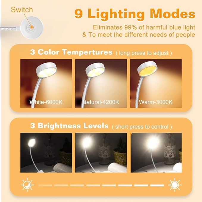 KTEBO Rechargeable Clip-On Book Light, 10-LED Bed Reading Lamp with 3 Color & 3 Brightness, USB-C, Up to 30-Hour Runtime, 360° Gooseneck, Ultralight 1.4oz, Great Stocking Stuffers, Black & White