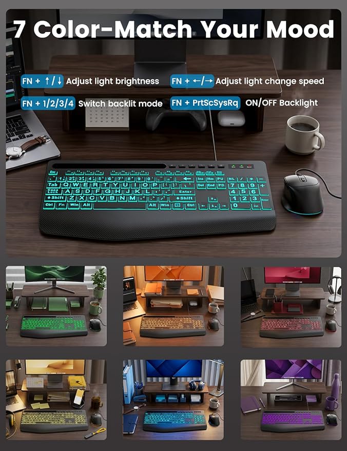 SABLUTE KM21Pro Wired Keyboard Mouse Combo - Large Print Backlit, Ergonomic Wrist Rest, 6 DPI RGB for PC/Windows - Ideal for Seniors, Students, Office and Home