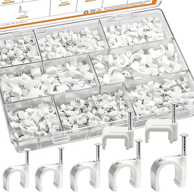mankk 630PCS Cable Clips Nail in Cable Clips Wire Clips 4/5/6/8/10mm Round & Square Ethernet Cables Wall Clips for Cords RG6 RG59 CAT5 CAT6 RJ45