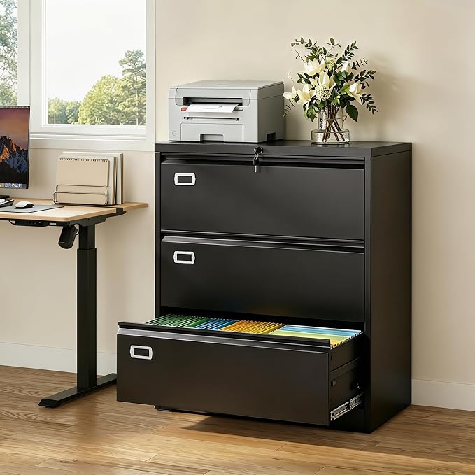 DEVAISE 3 Drawer Metal File Cabinet, Wide Lateral Filing Cabinet with Lock for Home Office Organization Hanging Files Letter/Legal/F4/A4 Size (Black, Assembly Required)