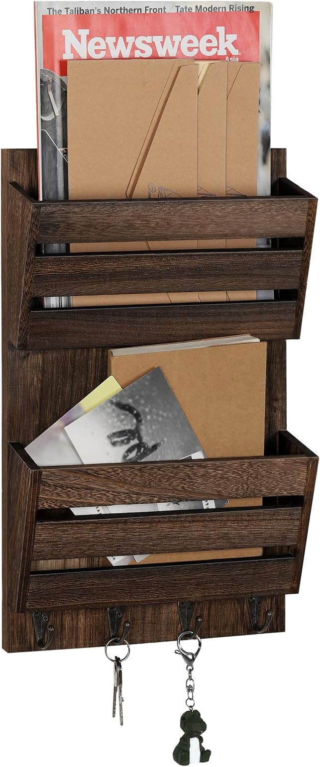 BTY Mail Holder for Wall, Wooden Mail Sorter with 4 Key Hooks, 2 Slot Wall Mounted Mail Sorter Letter Bills Newspaper Magazine Organizer for Entryroom Hallway Office Garage, Rustic Brown