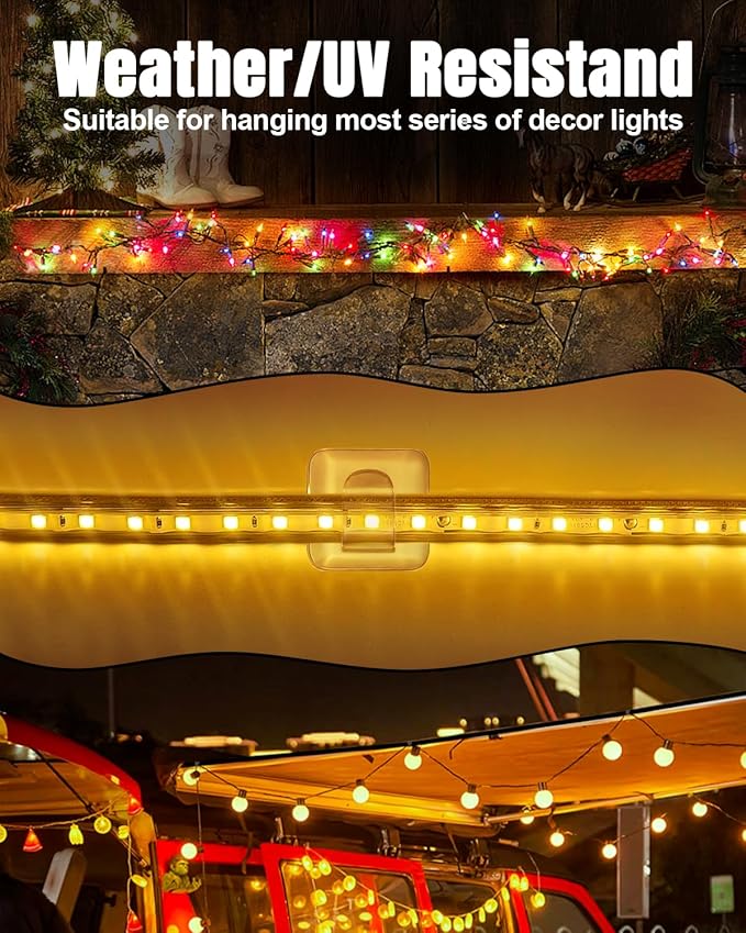LZC Hooks for Outdoor String Lights Clips: 25 Pack Square Clear Large Heavy Duty Light Hook Waterproof Adhesive Strips - Outside Hanging Rope Light Cable Cord Holders Organizer