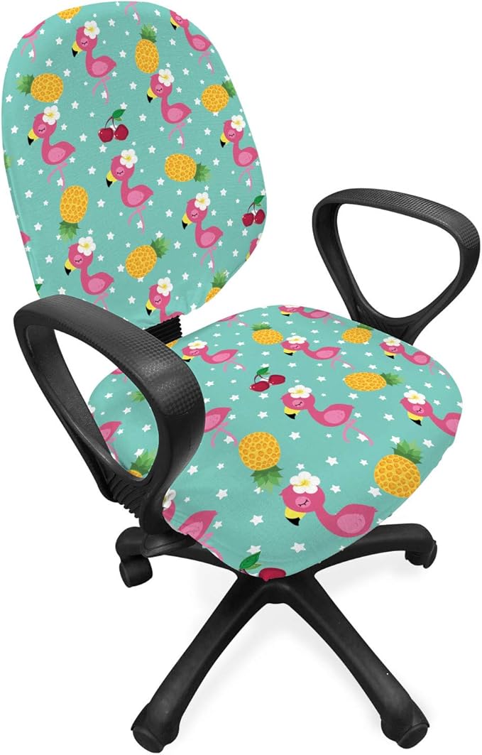 Ambesonne Nursery Office Chair Slipcover, Exotic Baby Flamingos Pineapple and Cherry Branches on Stars Backdrop Print, Protective Stretch Decorative Fabric Cover, Standard Size, Teal Pink