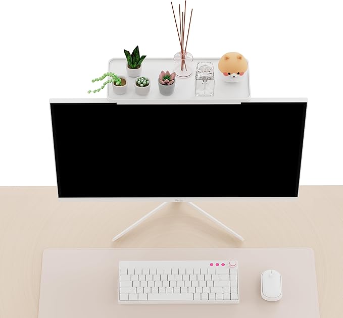 Pixio 12 inch White Monitor Storage Top Shelf - Adjustable Platform, Universal Fit, Holds Up to 13lbs, Works on TV, Flat, Curved Monitors, Storage for Webcams, Clocks, Phone, Figures